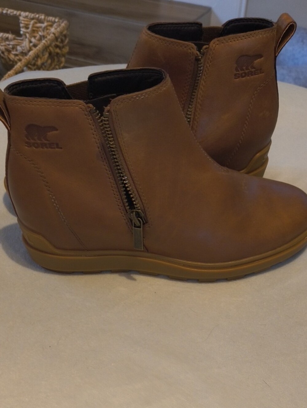 Sorel Tan Leather Side-Zip Wedge Ankle Boots